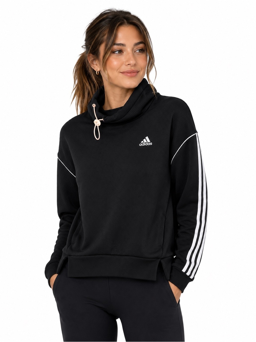 Adidas Women’s XS Black Cowl Neck Pullover Sweatshirt 3 Stripe Athletic Hoodie